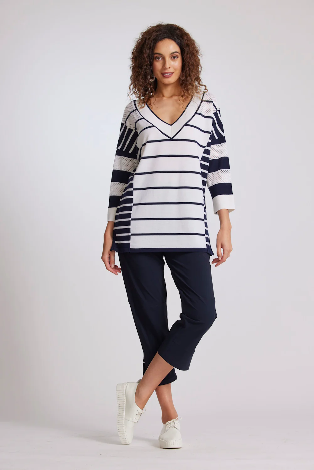 Paula Ryan Striped V Neck Tunic - Navy/White - Image 3