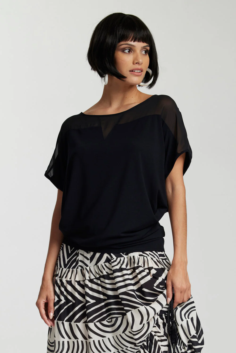 Paula Ryan V-Neck Inset Cuffed Top - Navy