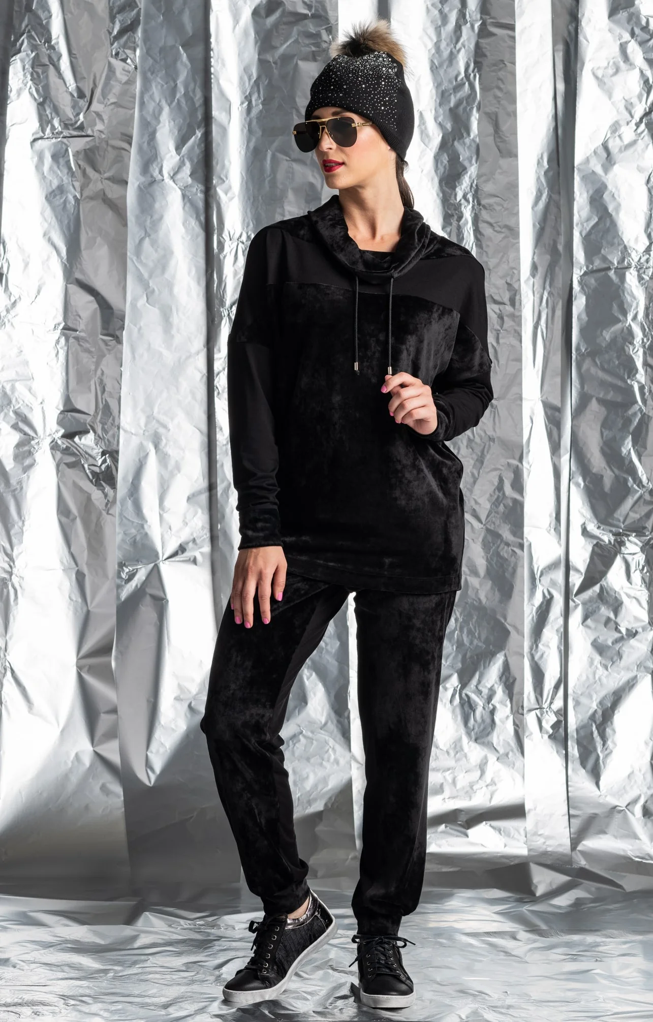 Paula Ryan Velour Cowl Neck Top-Black